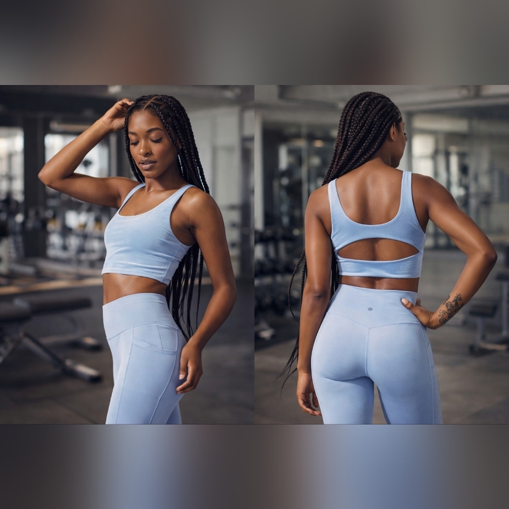 Athleta Light Blue Cutout Crop Top A-C Small Built In Bra Athletic Yoga Gym